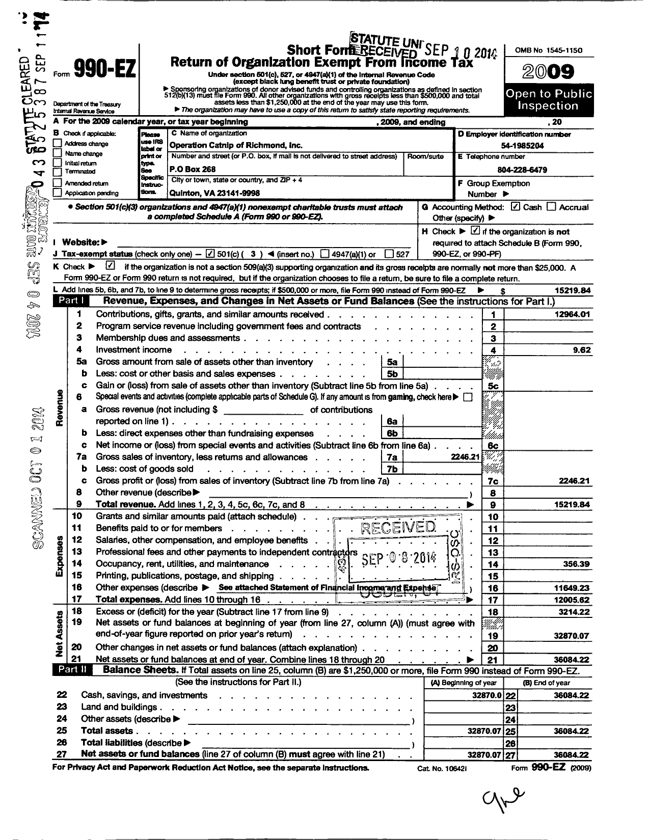 Image of first page of 2009 Form 990EZ for Operation Catnip of Richmond A Virginia Corporation