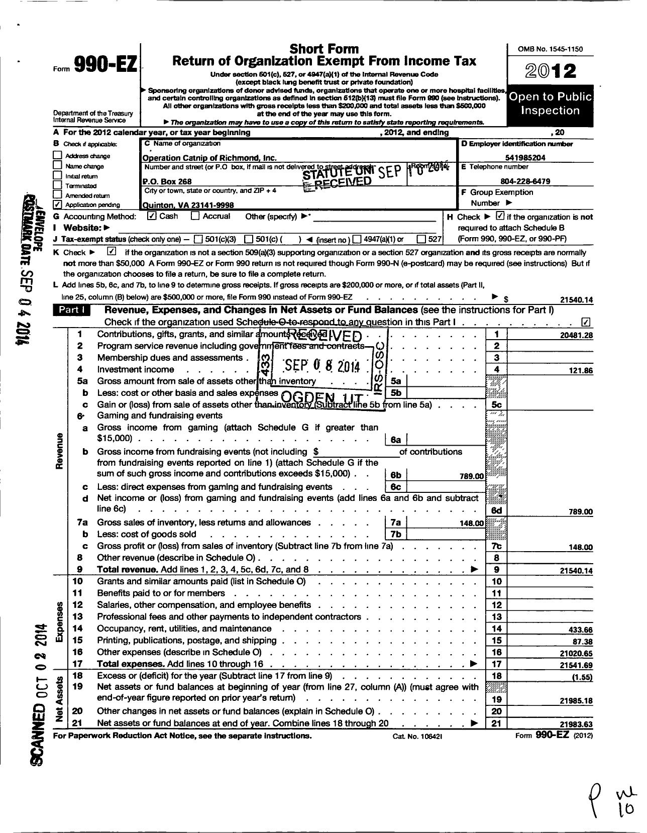 Image of first page of 2012 Form 990EO for Operation Catnip of Richmond A Virginia Corporation