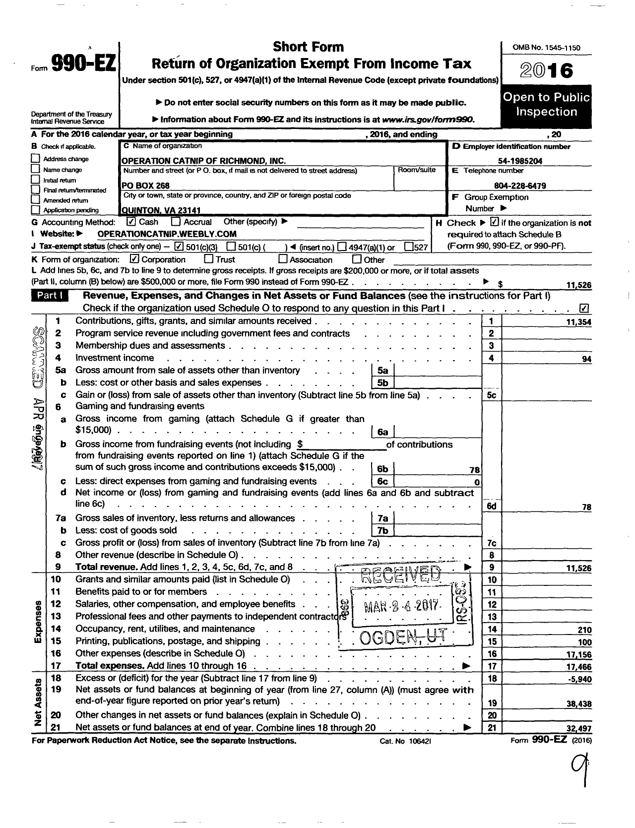 Image of first page of 2016 Form 990EZ for Operation Catnip of Richmond A Virginia Corporation