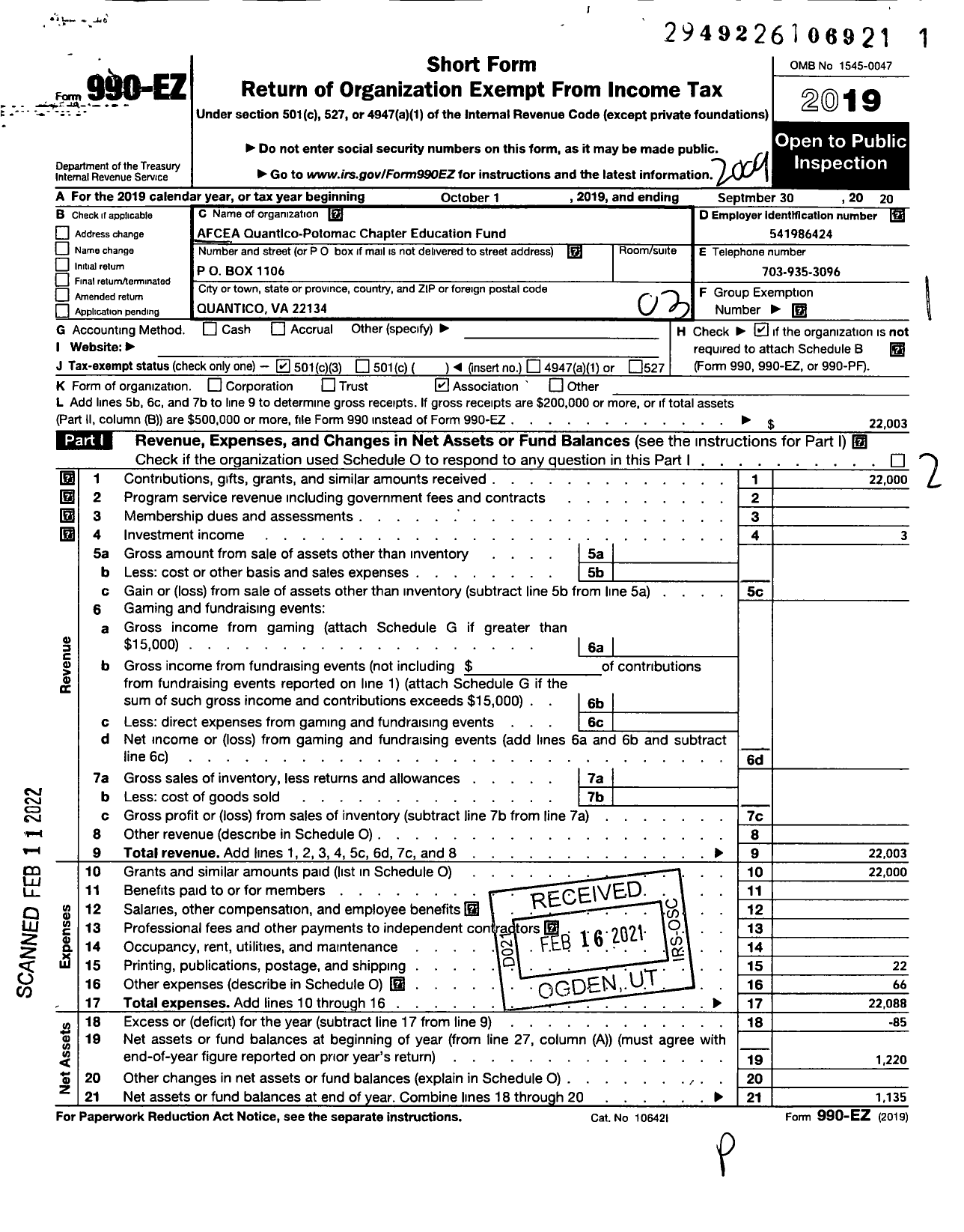 Image of first page of 2019 Form 990EZ for Afcea Educational Foundation / Quantico Potomac Chapter