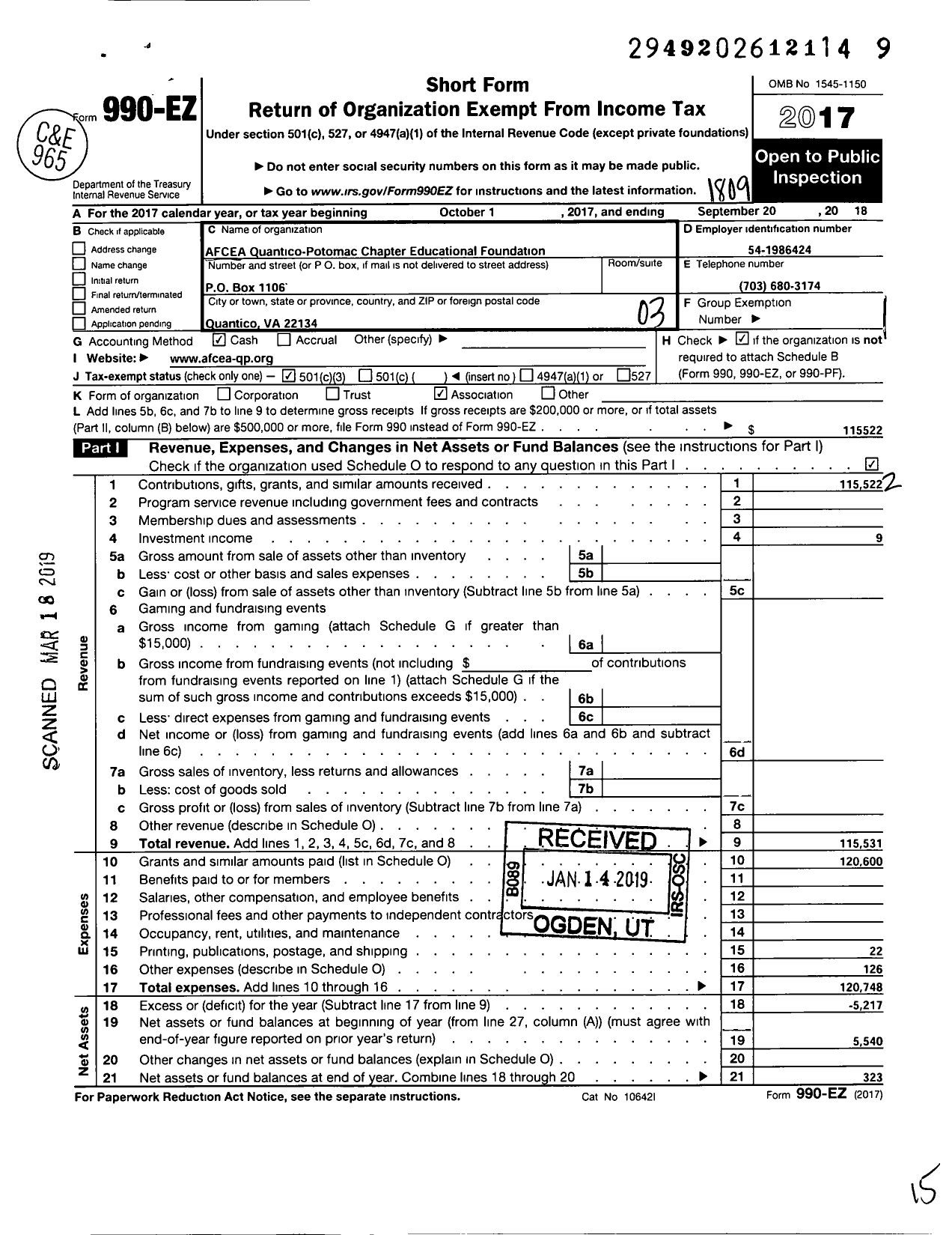 Image of first page of 2017 Form 990EZ for Afcea Educational Foundation / Quantico Potomac Chapter