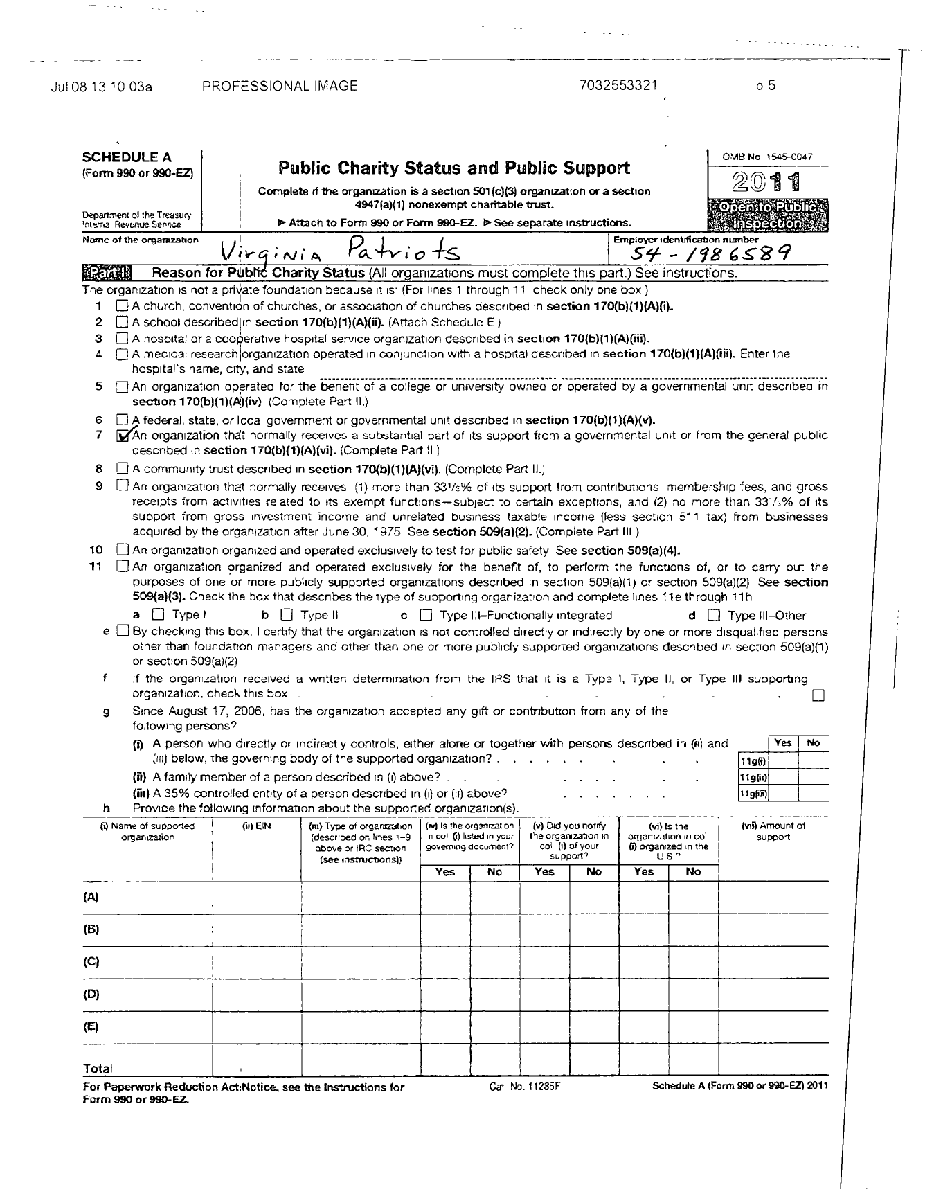 Image of first page of 2011 Form 990ER for Virginia Patriots