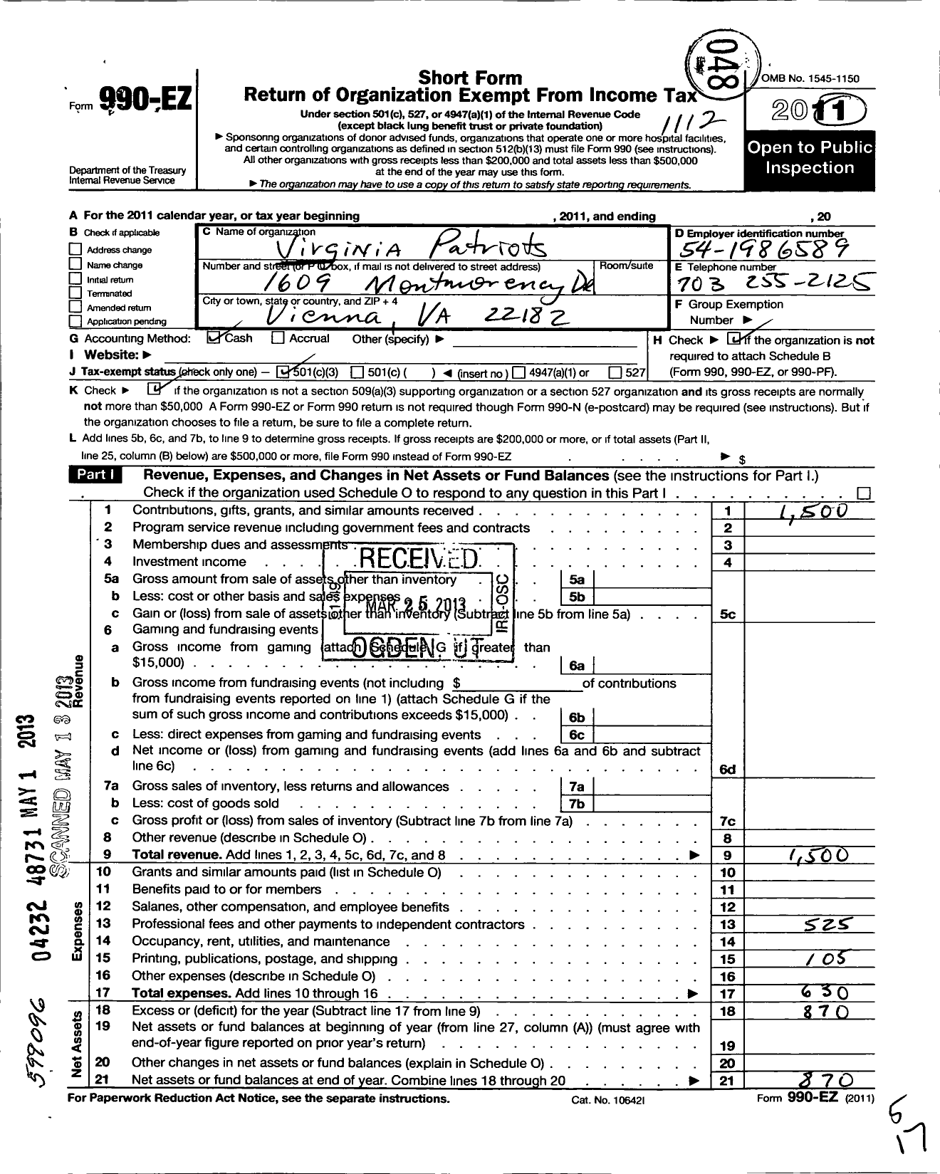 Image of first page of 2011 Form 990EZ for Virginia Patriots