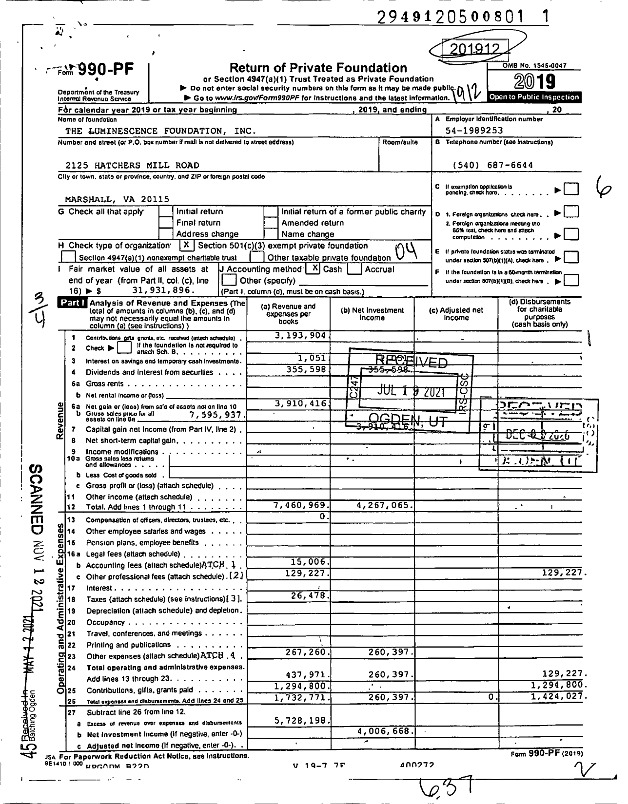 Image of first page of 2019 Form 990PF for The Luminescence Foundation