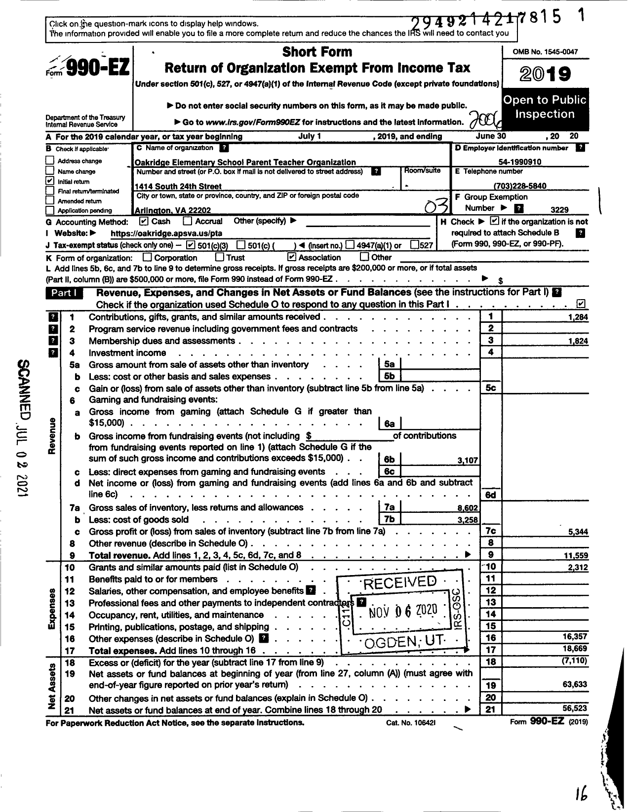 Image of first page of 2019 Form 990EZ for Virginia PTA - Oakridge Elementary PTA