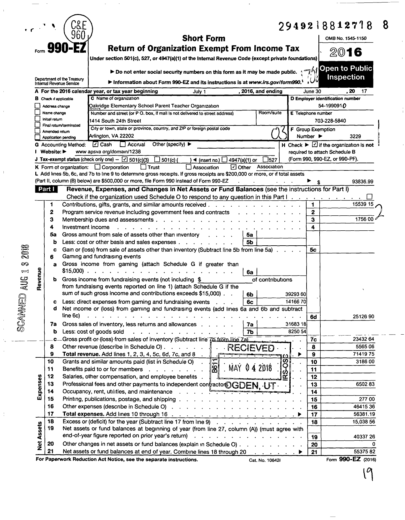 Image of first page of 2016 Form 990EZ for Virginia PTA - Oakridge Elementary PTA