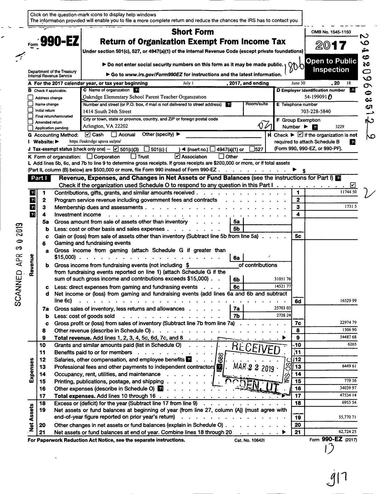 Image of first page of 2017 Form 990EZ for Virginia PTA - Oakridge Elementary PTA