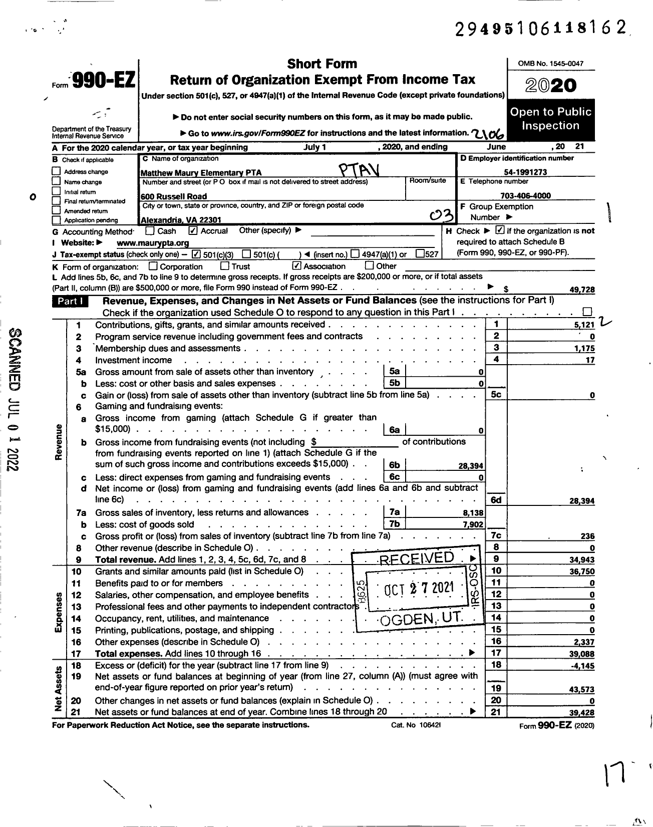 Image of first page of 2020 Form 990EZ for VIRGINIA PTA - Naomi L Brooks Elementary School PT