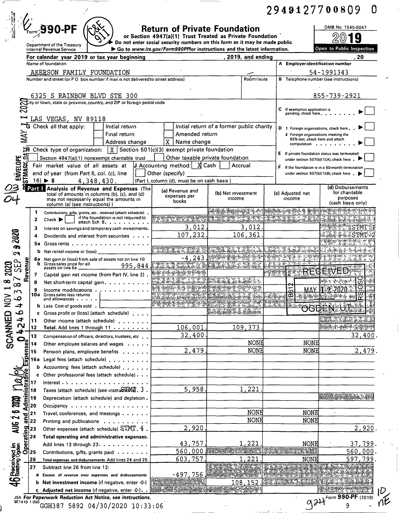 Image of first page of 2019 Form 990PF for Akerson Family Foundation- Agy