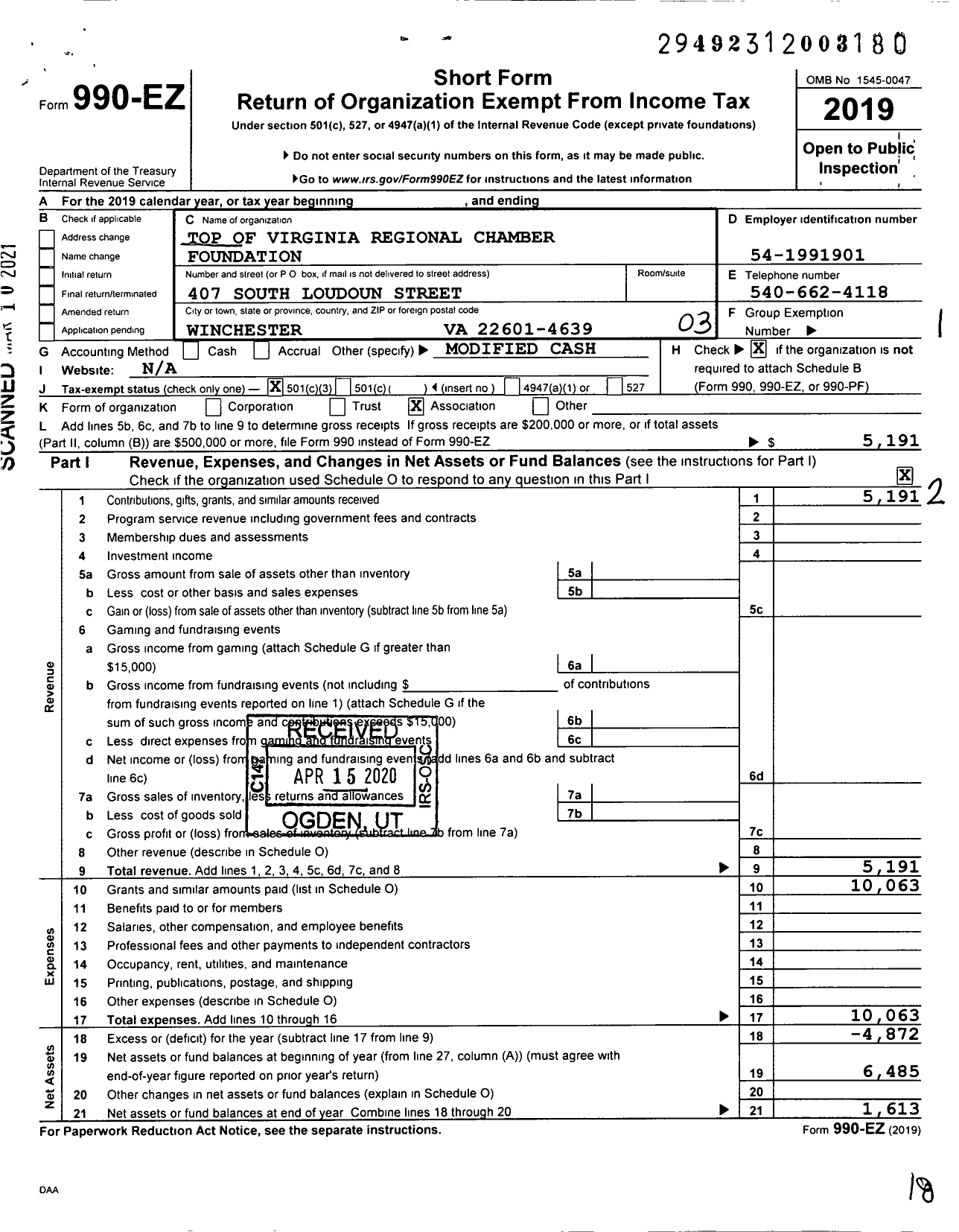 Image of first page of 2019 Form 990EZ for Top of Virginia Regional Chamber Foundation