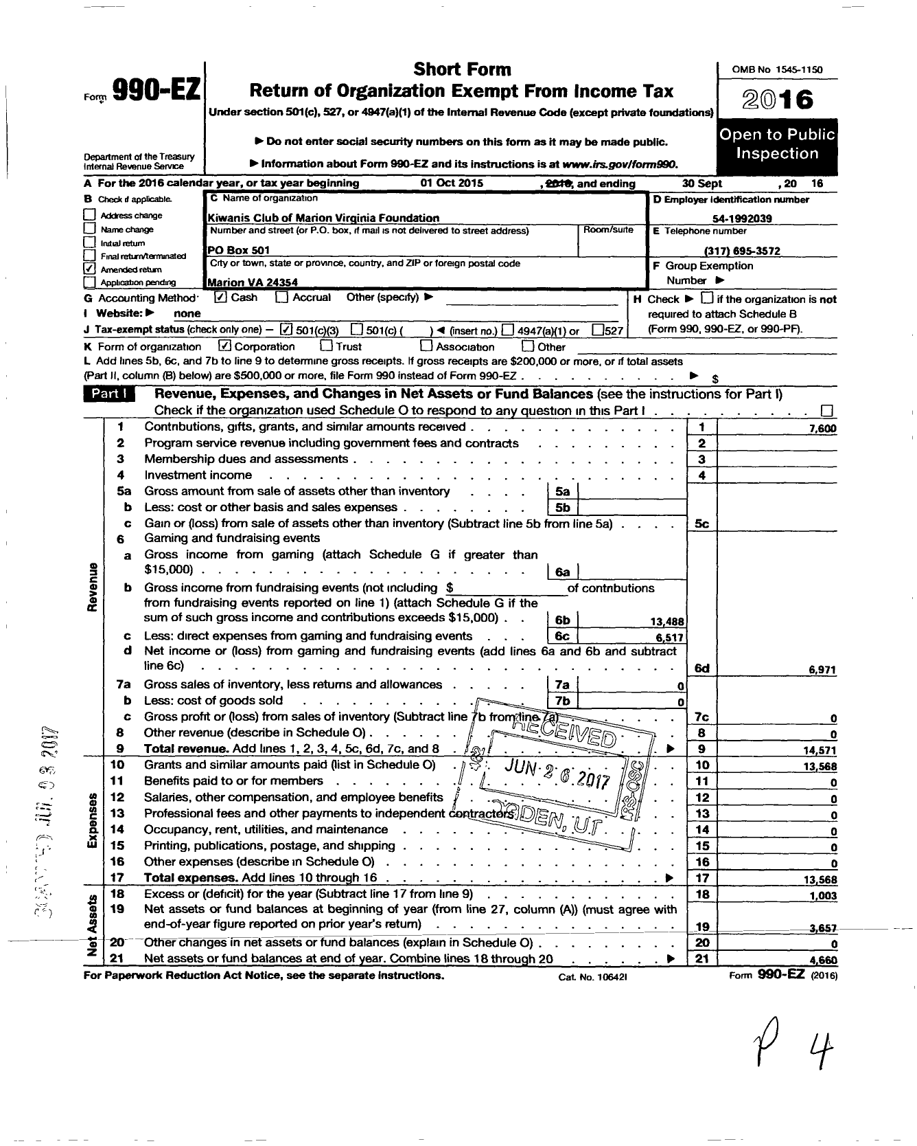 Image of first page of 2015 Form 990EZ for Kiwanis Club of Marion Virginia Foundation
