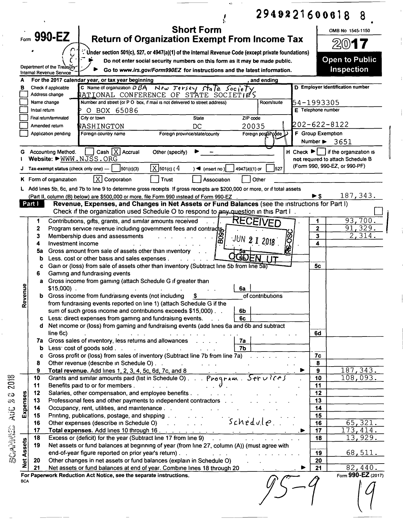 Image of first page of 2017 Form 990EO for New Jersey State Society of the