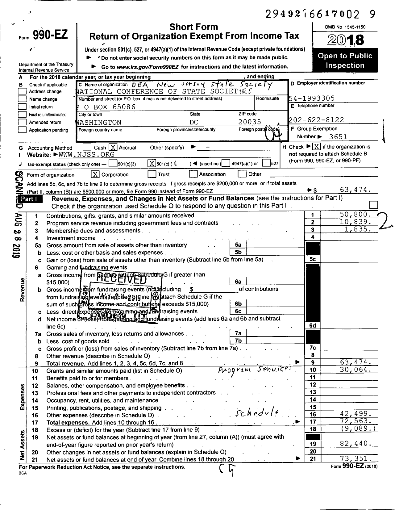 Image of first page of 2018 Form 990EO for New Jersey State Society of the