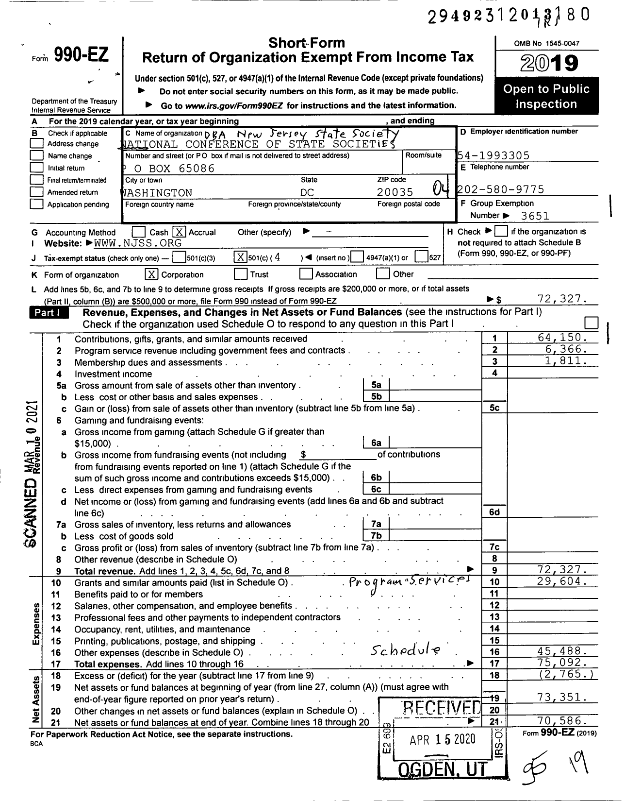 Image of first page of 2019 Form 990EO for New Jersey State Society of the