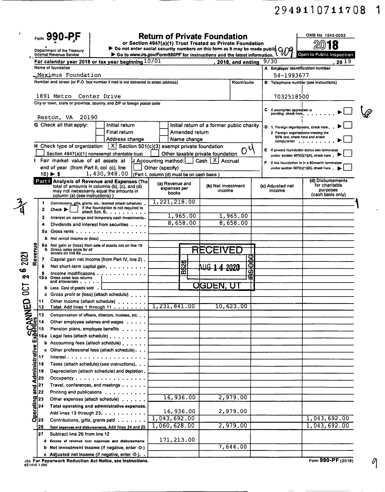 Image of first page of 2018 Form 990PF for Maximus Foundation
