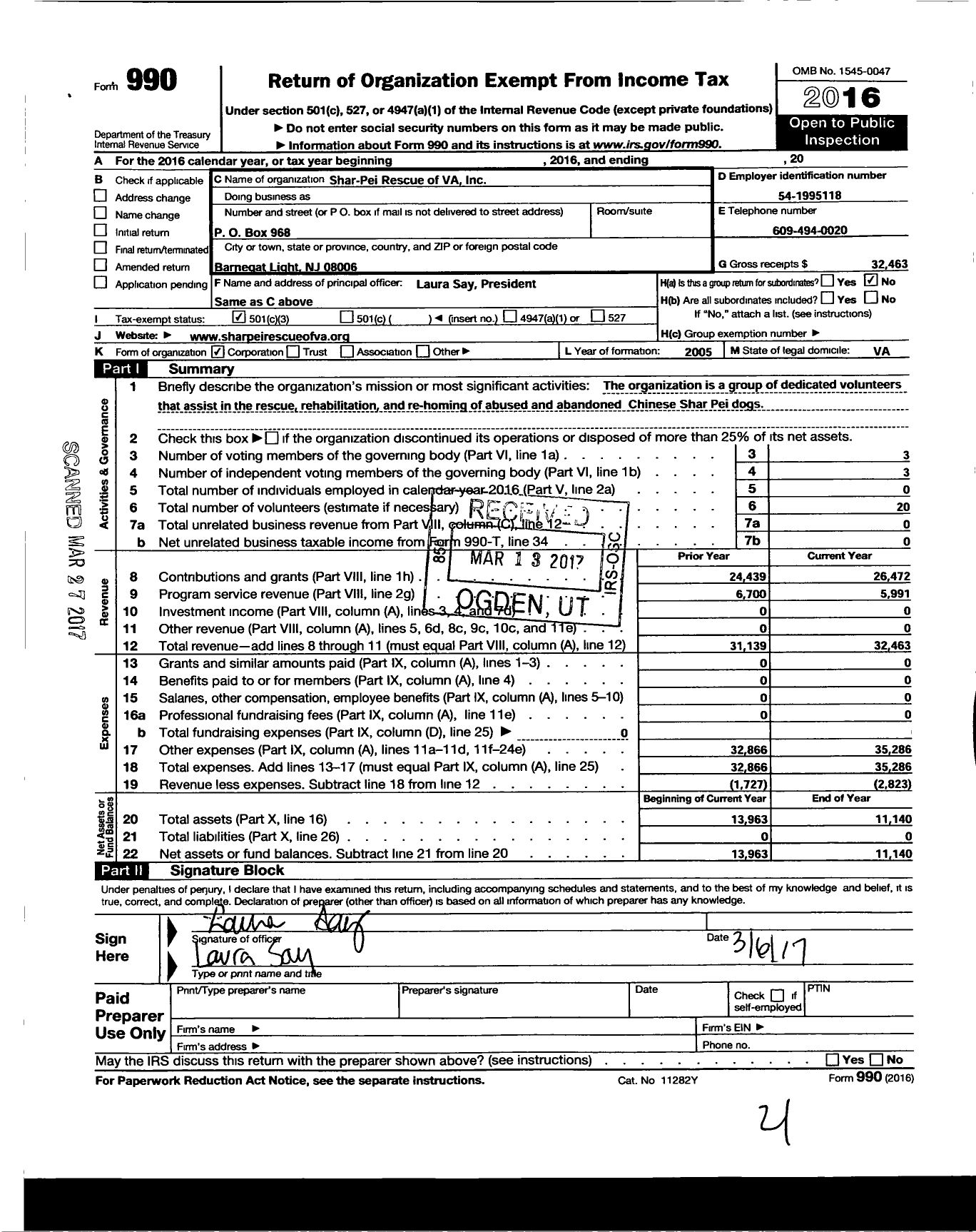 Image of first page of 2016 Form 990 for Shar-Pei Rescue of Virginia