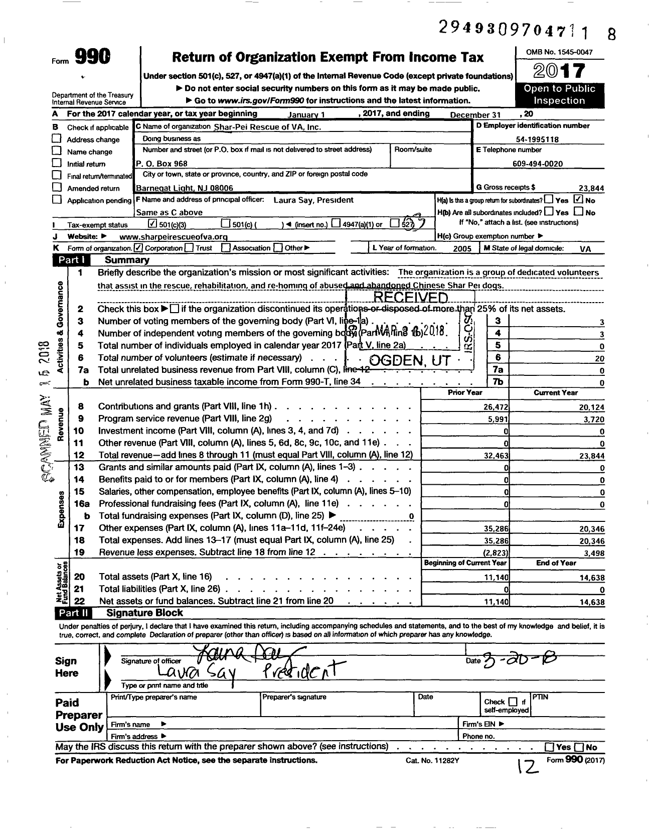 Image of first page of 2017 Form 990 for Shar-Pei Rescue of Virginia