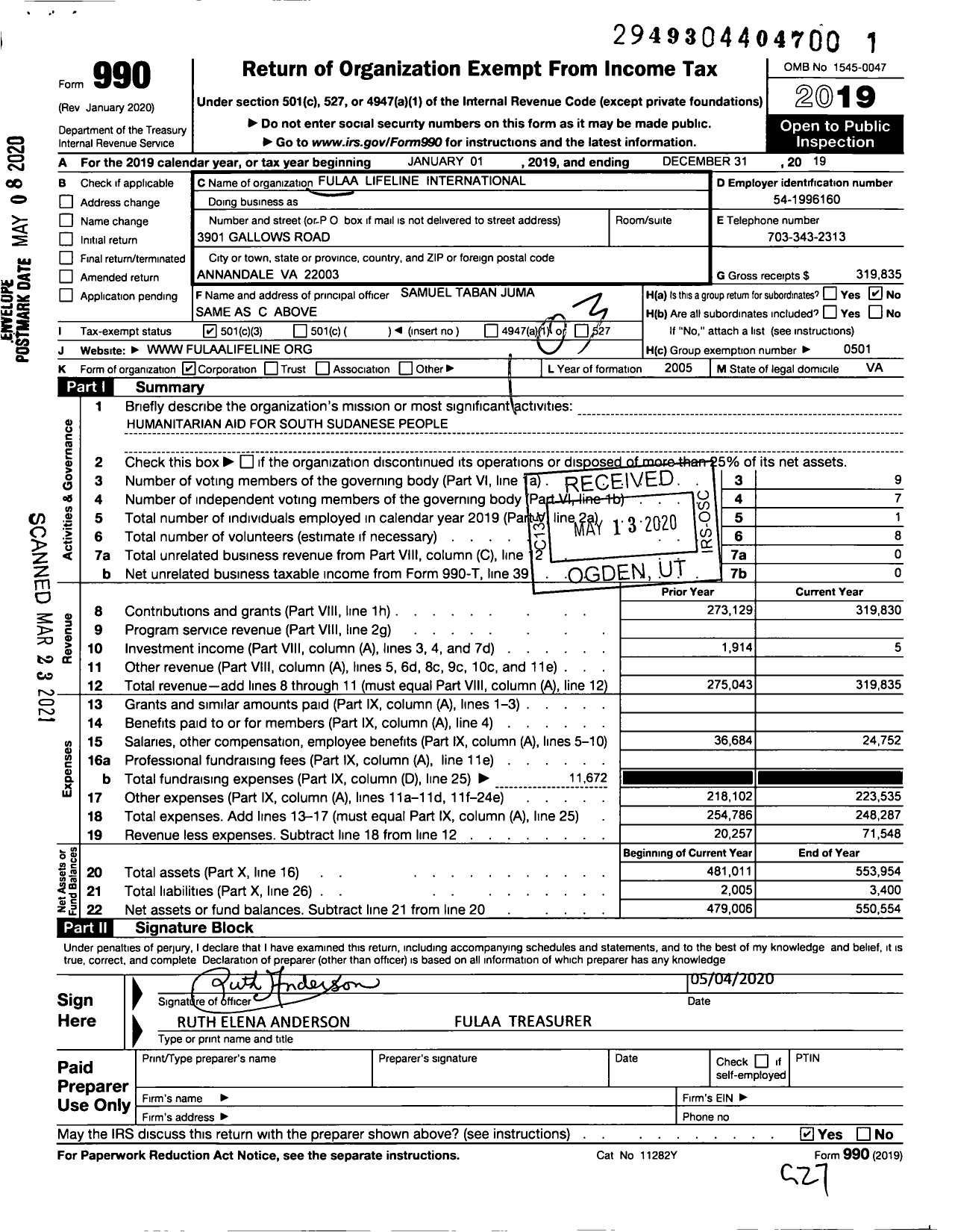 Image of first page of 2019 Form 990 for Fulaa Lifeline International