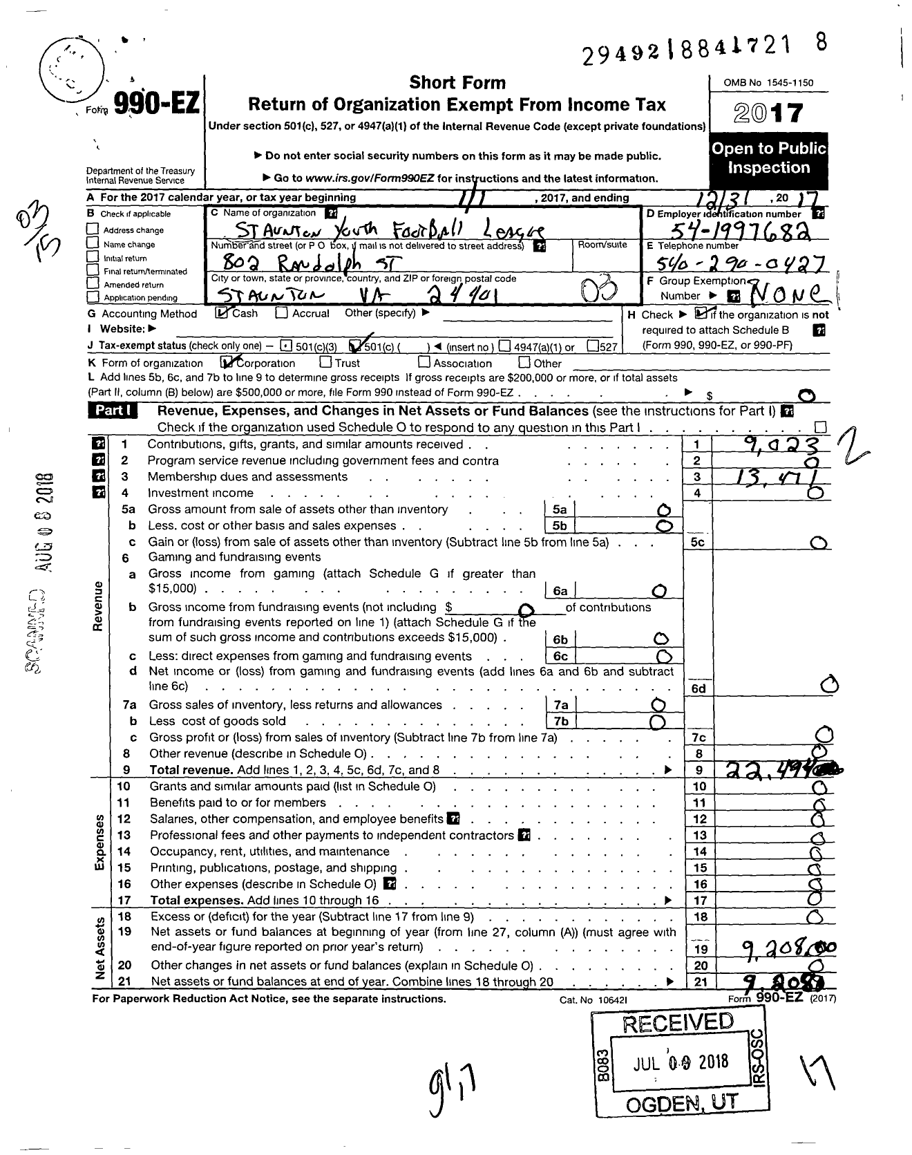 Image of first page of 2017 Form 990EZ for Staunton Youth Football League