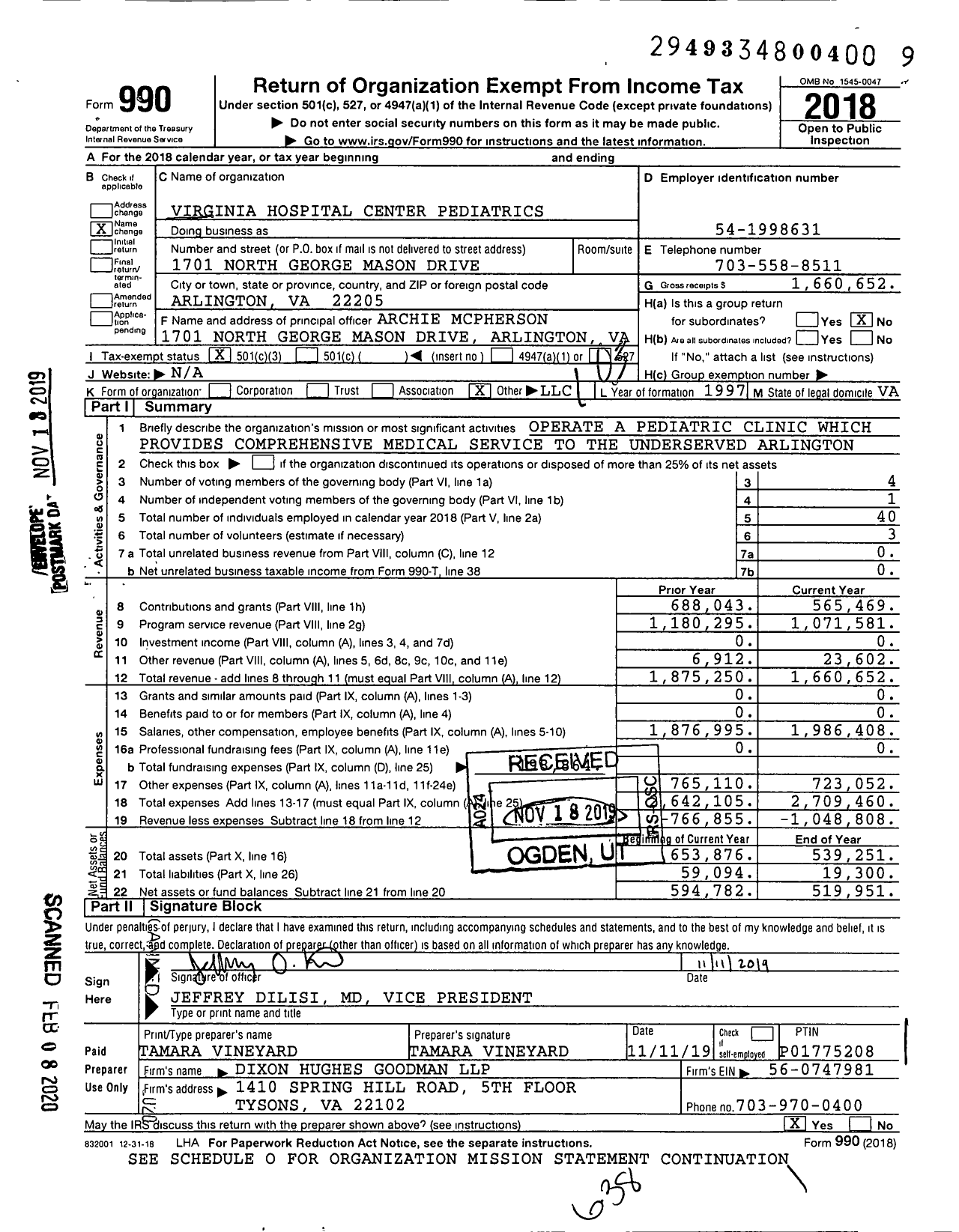 Image of first page of 2018 Form 990 for Virginia Hospital Center Pediatrics (APC)