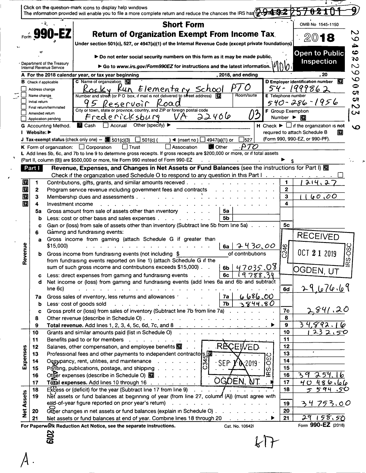 Image of first page of 2018 Form 990EZ for Rocky Run ES PTO