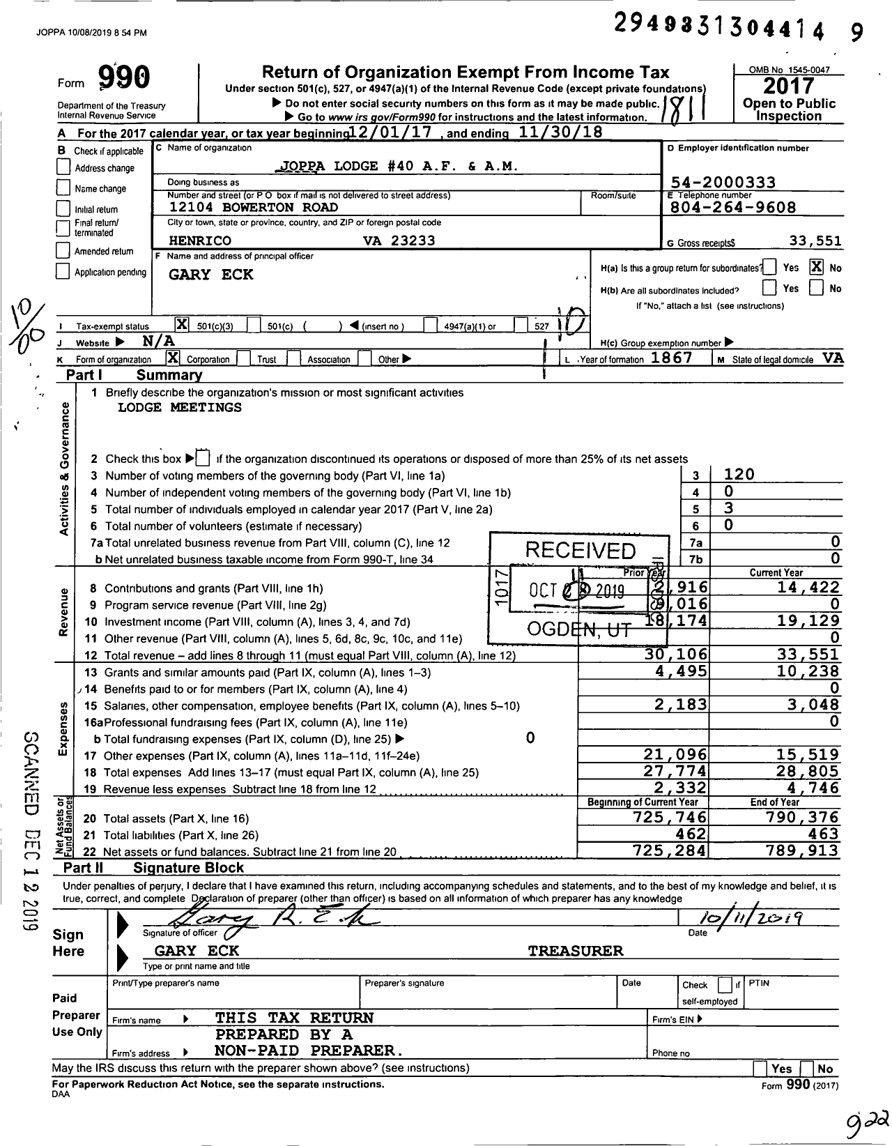 Image of first page of 2017 Form 990O for Free and Accepted Masons of Virginia - 40 Joppa Lodge