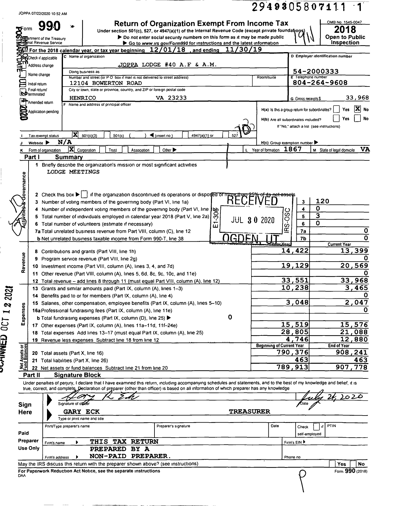 Image of first page of 2018 Form 990O for Free and Accepted Masons of Virginia - 40 Joppa Lodge