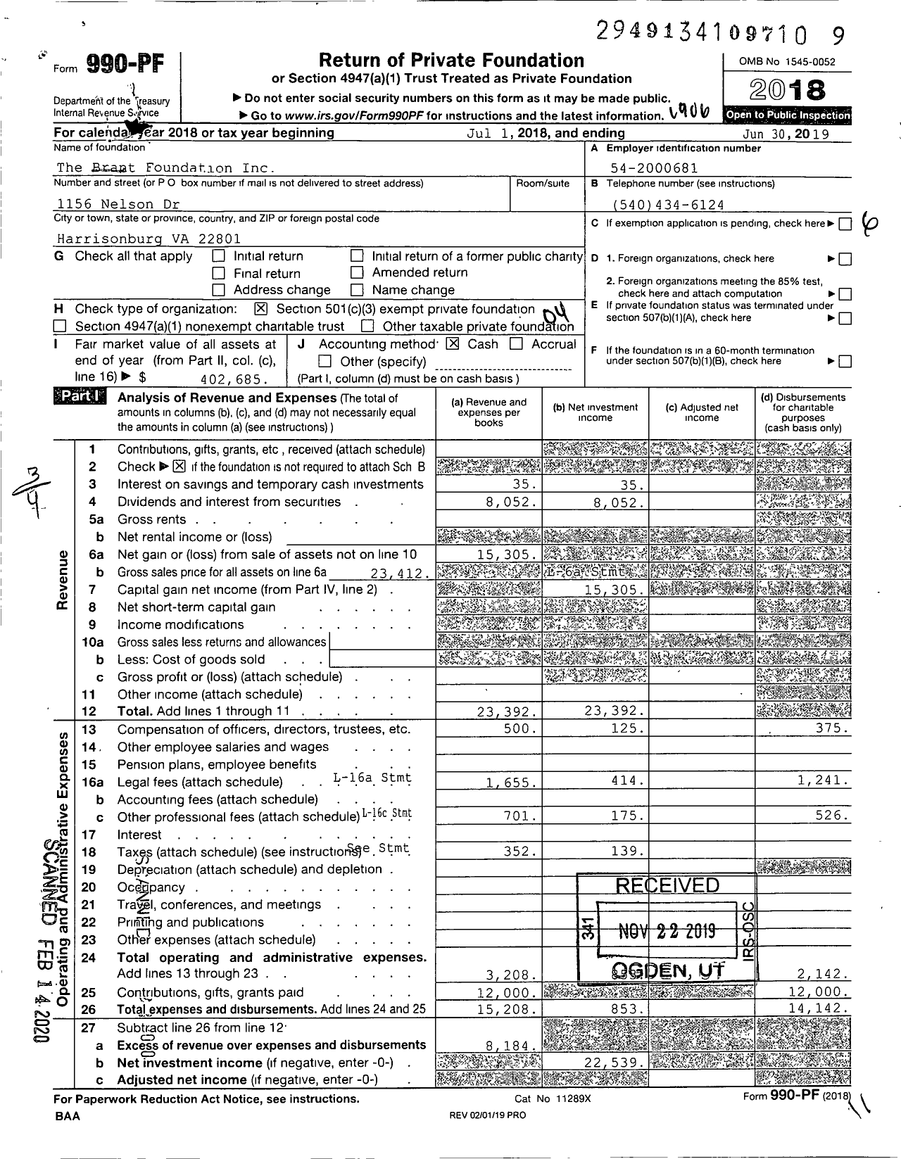 Image of first page of 2018 Form 990PF for The Brant Foundation