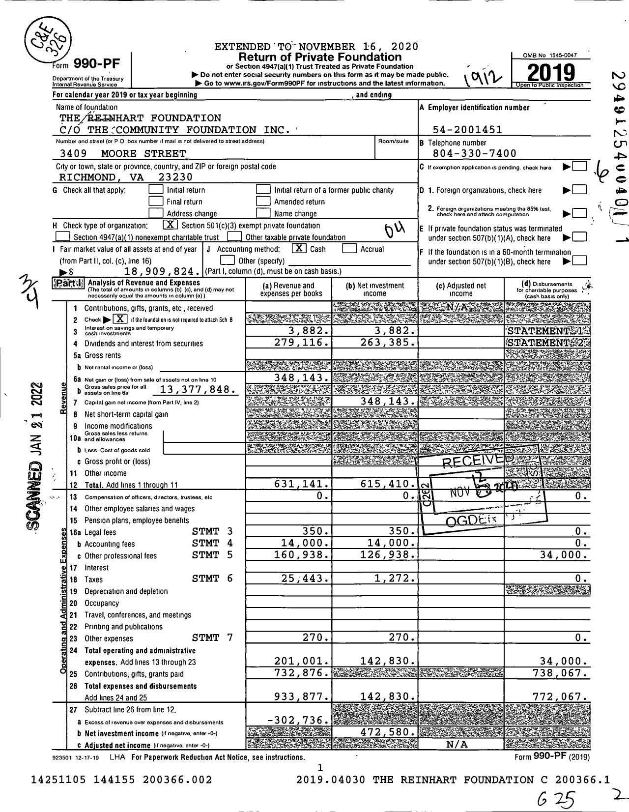 Image of first page of 2019 Form 990PF for The Reinhart Foundation