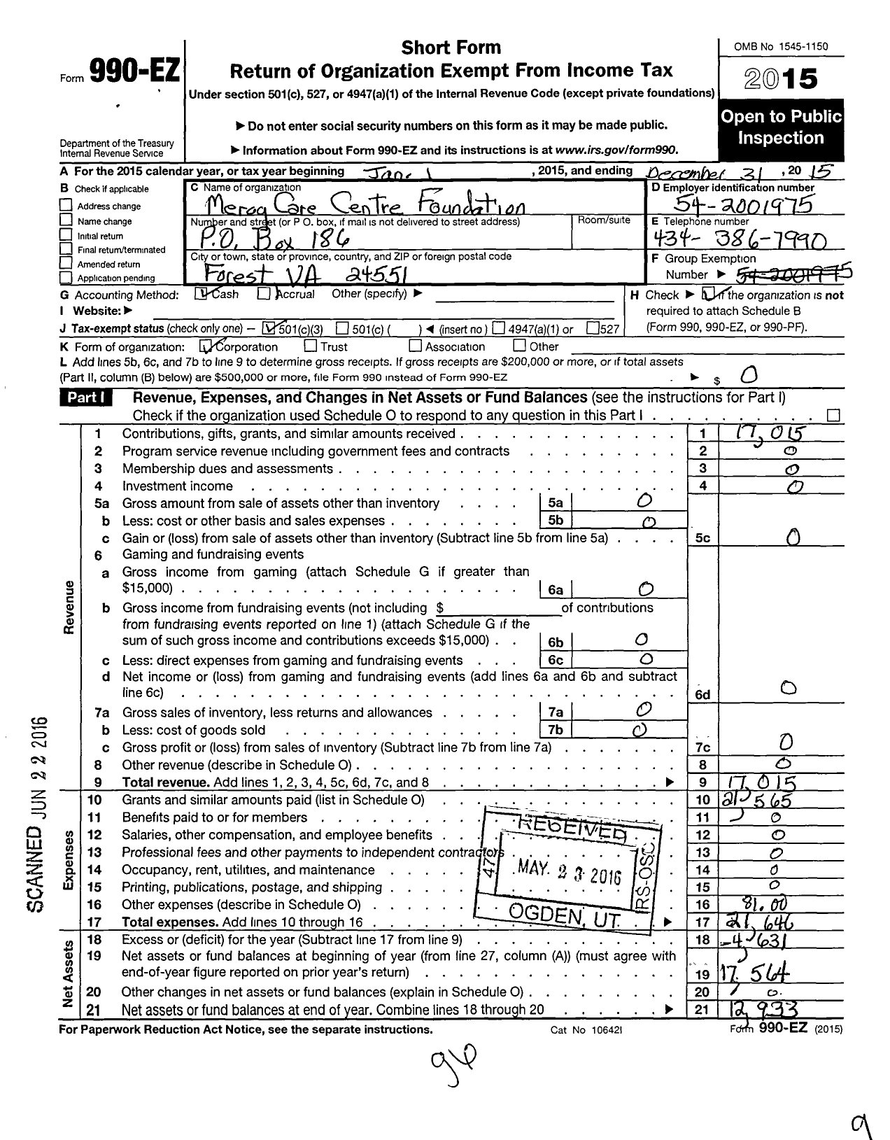 Image of first page of 2015 Form 990EZ for Mercy Care Centre Foundation