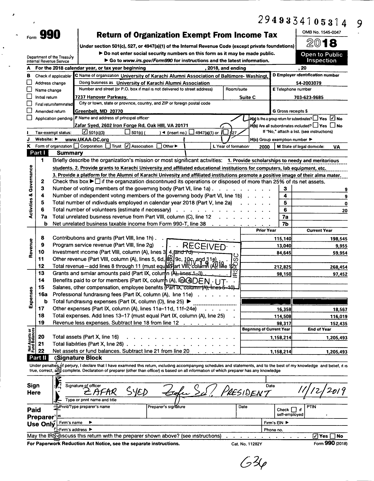 Image of first page of 2018 Form 990 for University of Karachi Alumni A