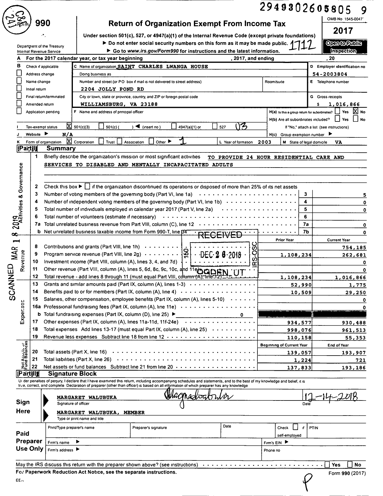 Image of first page of 2017 Form 990 for Saint Charles Lwanga House