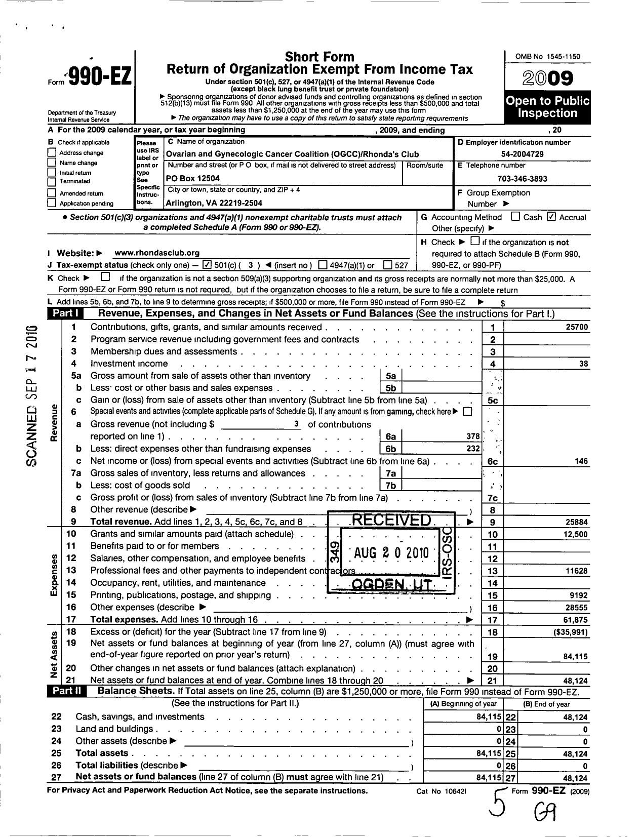 Image of first page of 2009 Form 990EZ for Ovarian and Gynecologic Cancer Coalition Rhondas Club