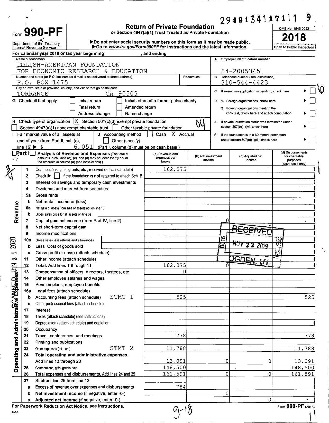 Image of first page of 2018 Form 990PF for Polish-American Foundation for Economic Research and Education