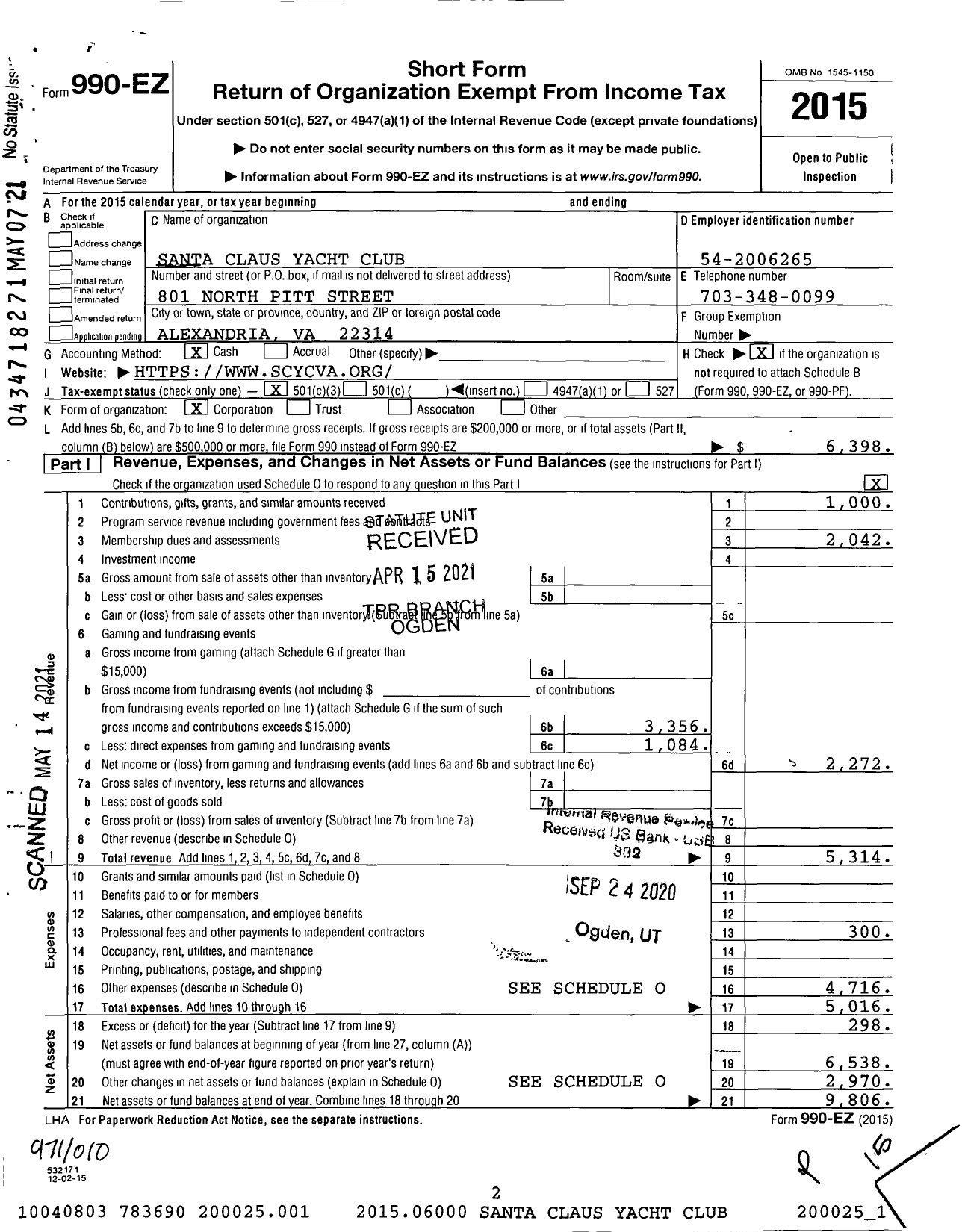 Image of first page of 2015 Form 990EA for Santa Claus Yacht Club