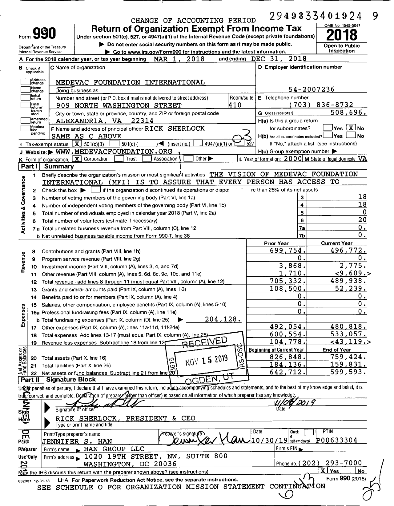 Image of first page of 2018 Form 990 for Medevac Foundation International