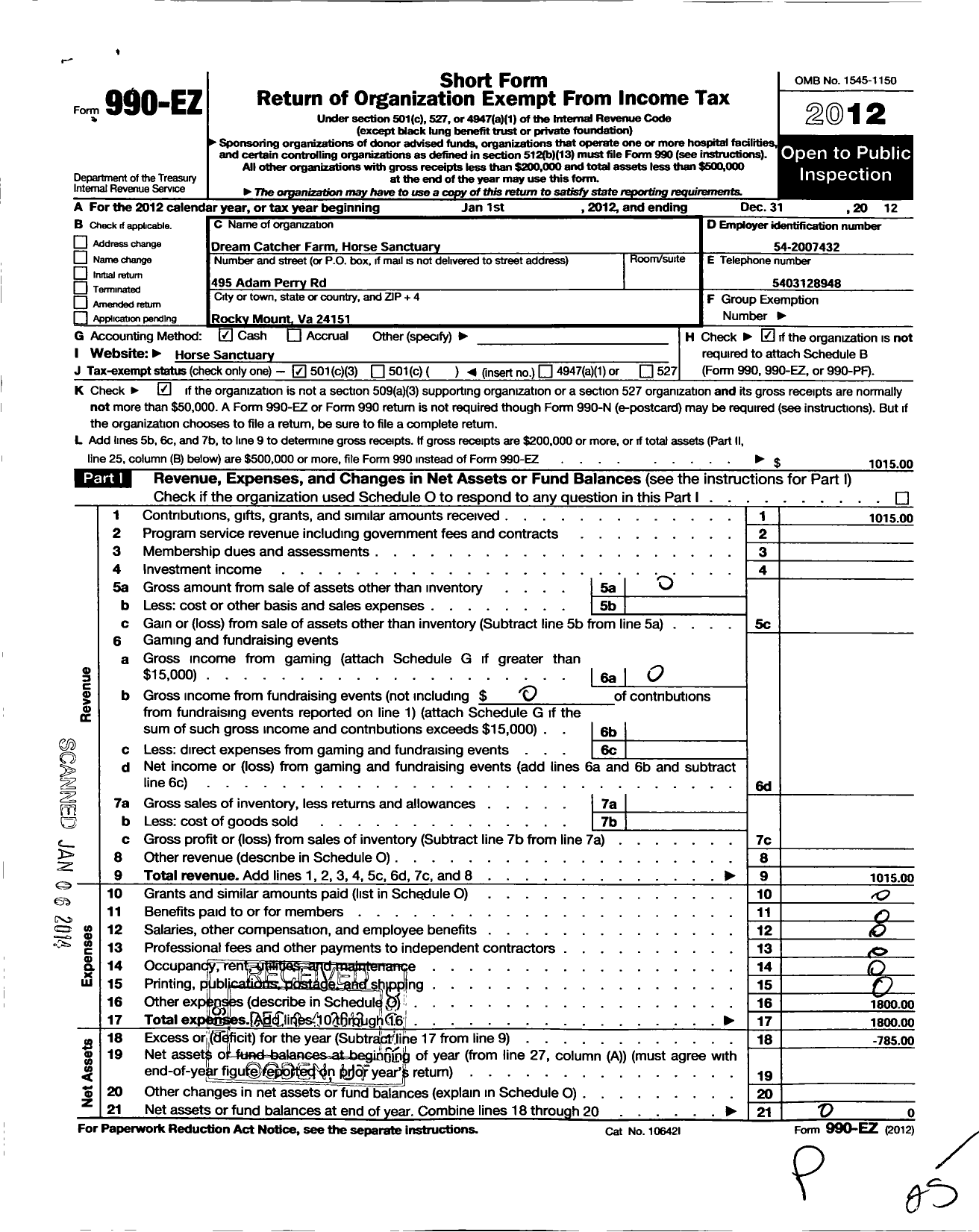 Image of first page of 2012 Form 990EZ for Dream Catcher Farm Horse Sanctuary