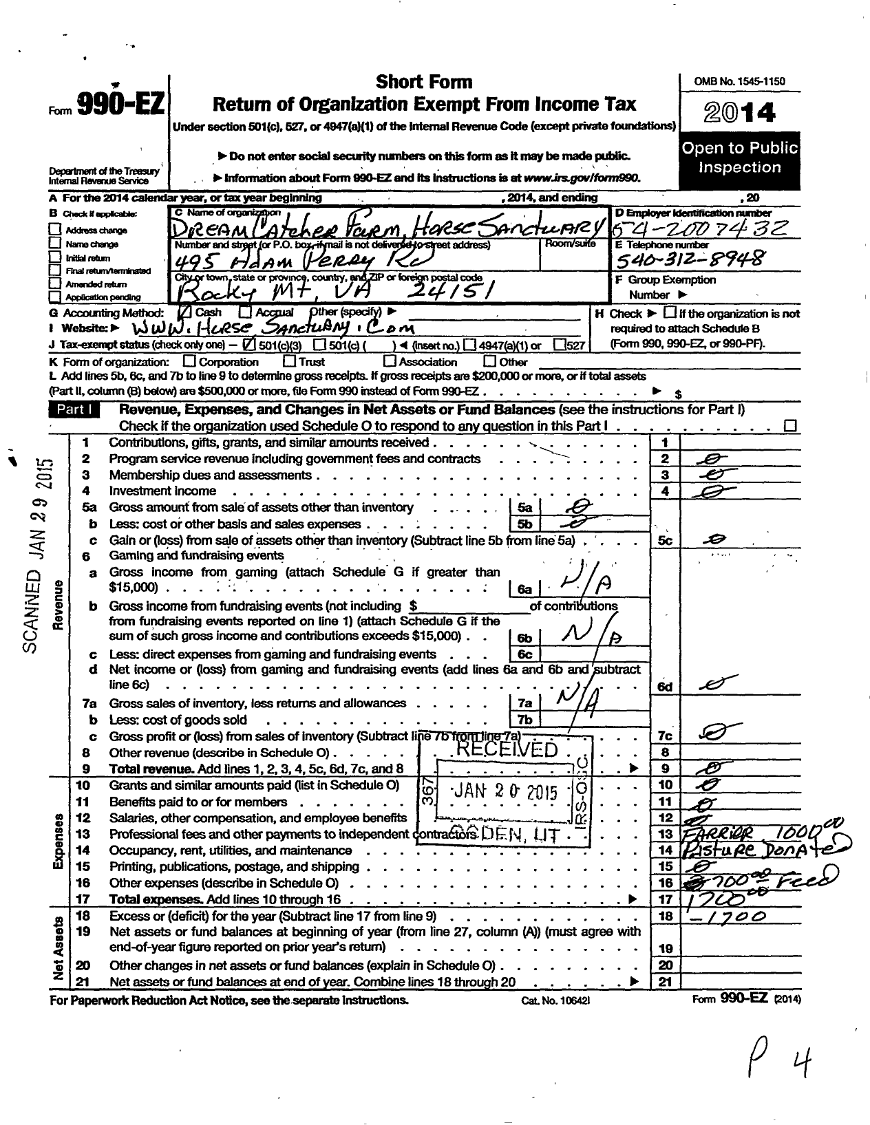 Image of first page of 2014 Form 990EZ for Dream Catcher Farm Horse Sanctuary