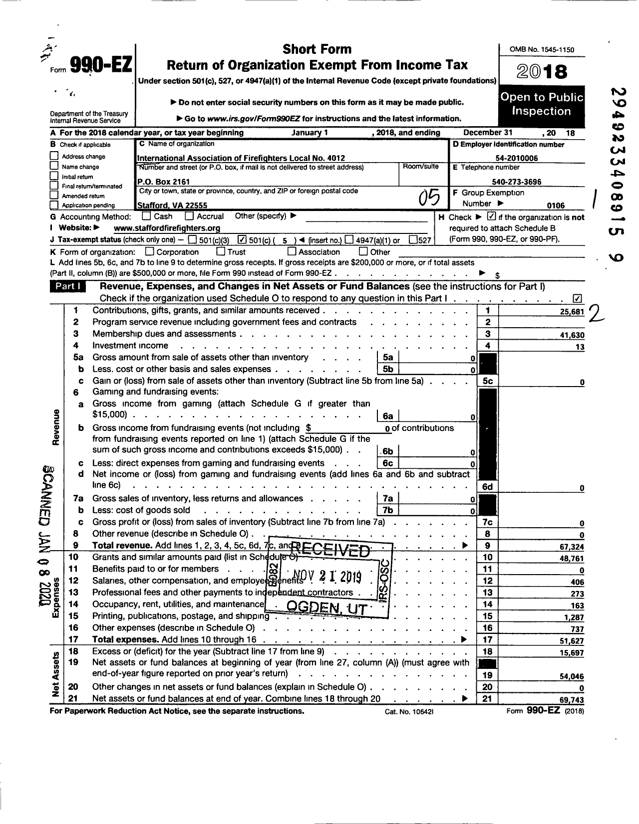 Image of first page of 2018 Form 990EO for INTERNATIONAL ASSOCIATION OF FIRE FIGHTERS - L4012 Stafford County