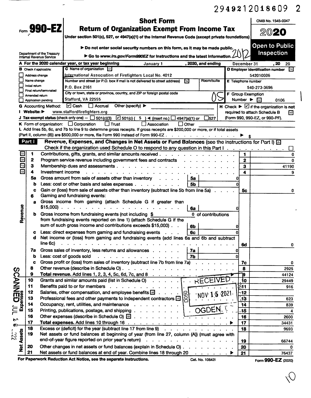 Image of first page of 2020 Form 990EO for INTERNATIONAL ASSOCIATION OF FIRE FIGHTERS - L4012 Stafford County