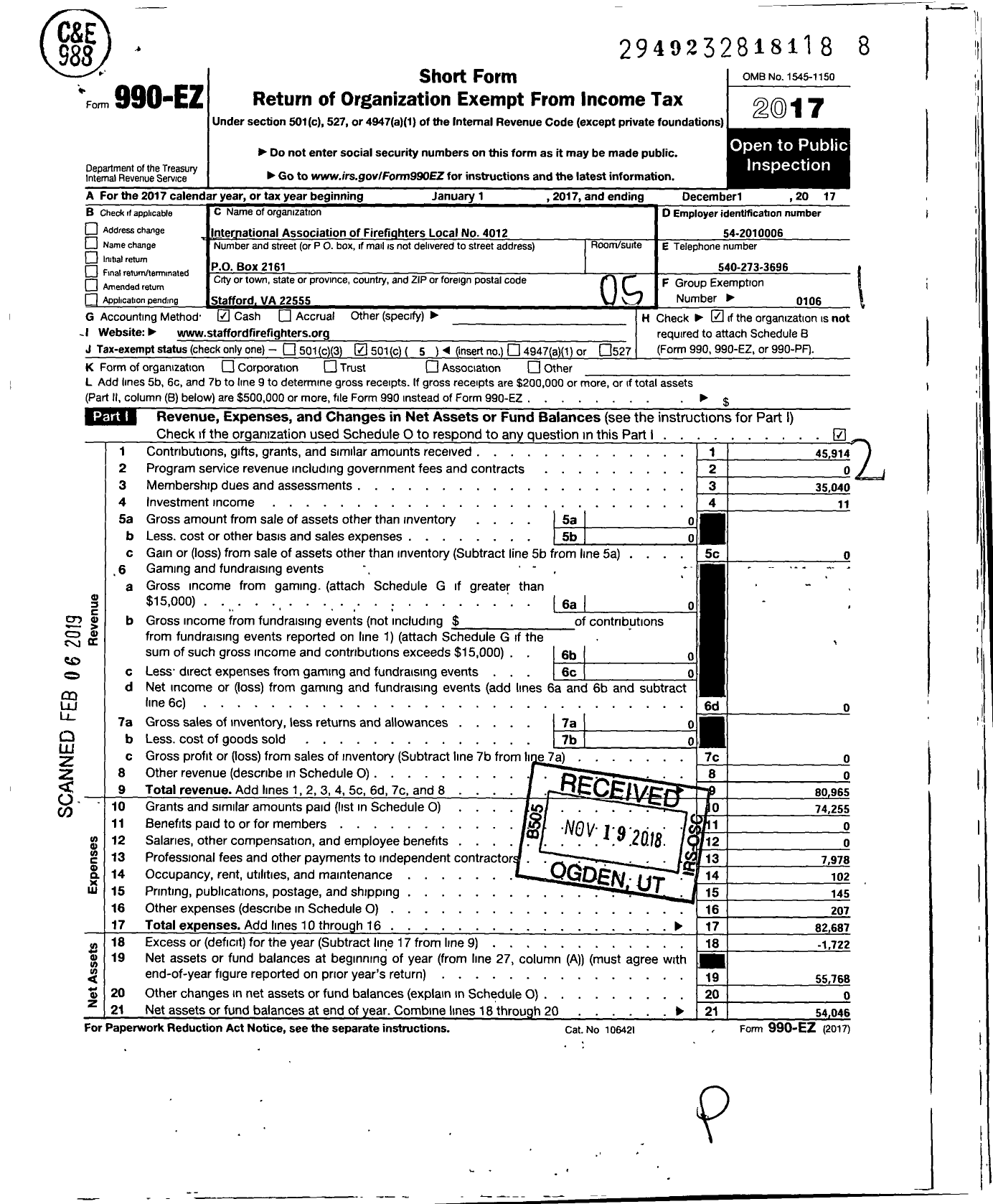 Image of first page of 2017 Form 990EO for INTERNATIONAL ASSOCIATION OF FIRE FIGHTERS - L4012 Stafford County