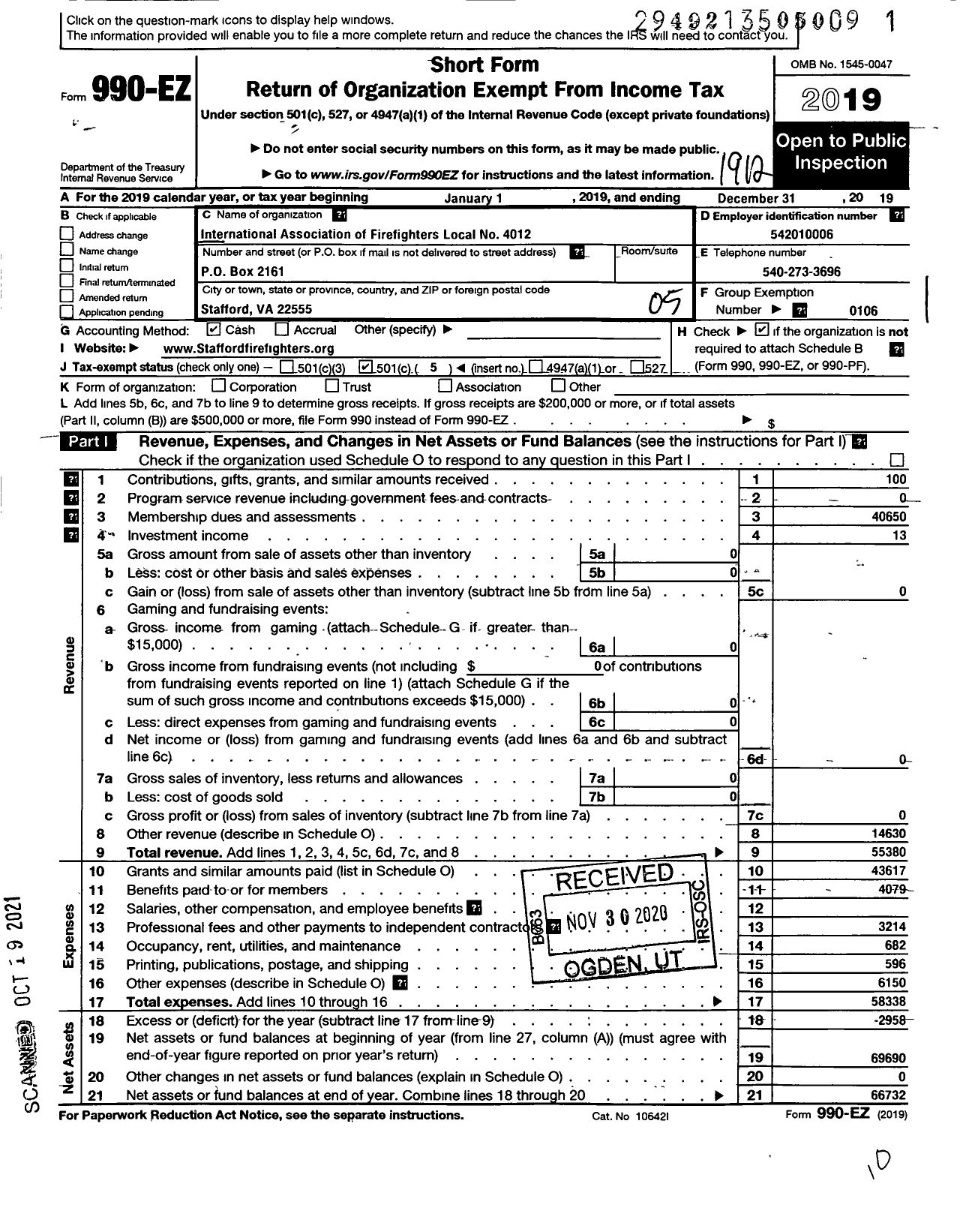 Image of first page of 2019 Form 990EO for INTERNATIONAL ASSOCIATION OF FIRE FIGHTERS - L4012 Stafford County