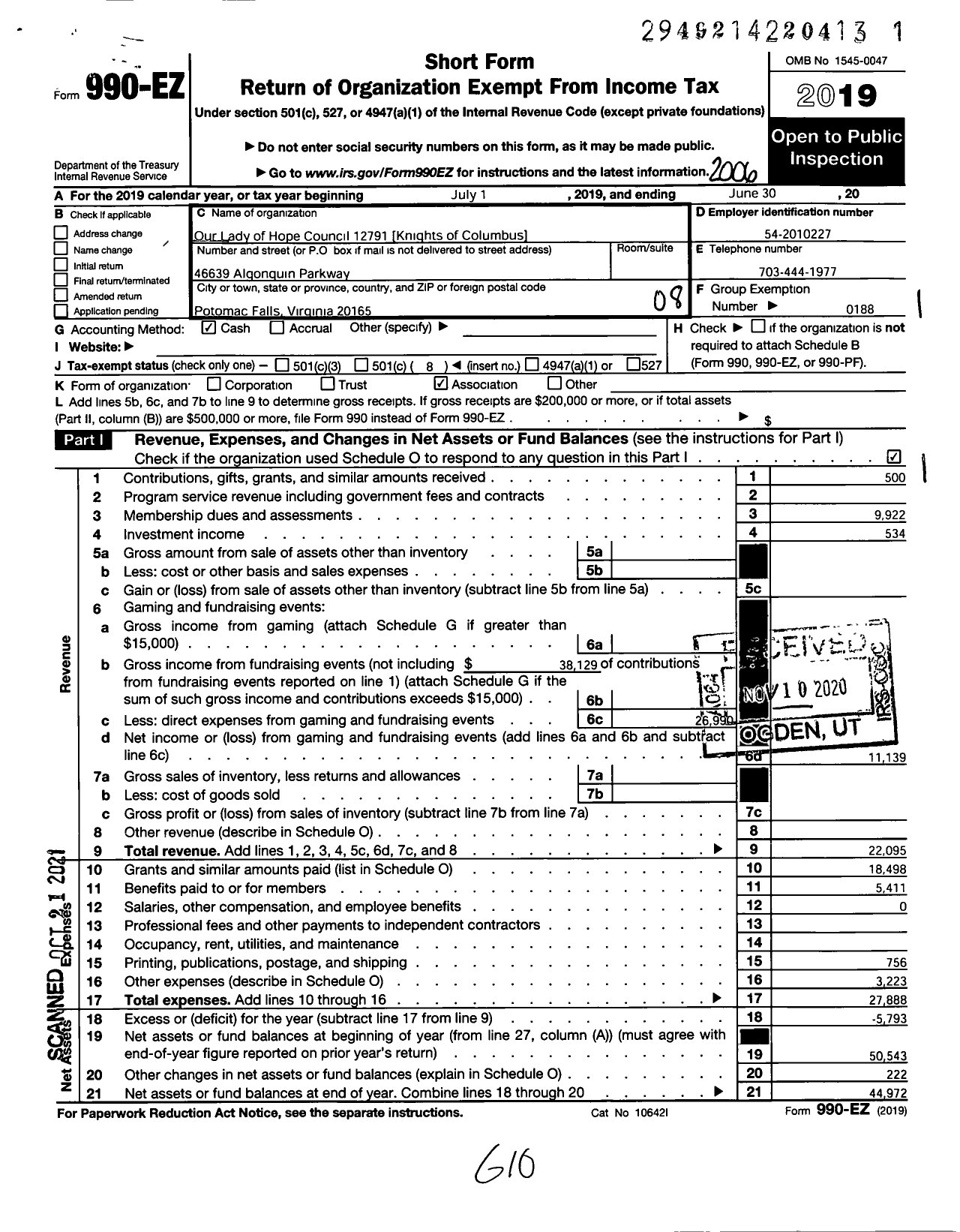 Image of first page of 2019 Form 990EO for Knights of COLUMBUS - 12791 Council Our Lady of Hope
