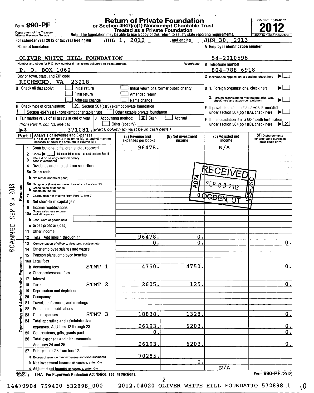 Image of first page of 2012 Form 990PF for The Oliver White Hill Foundation