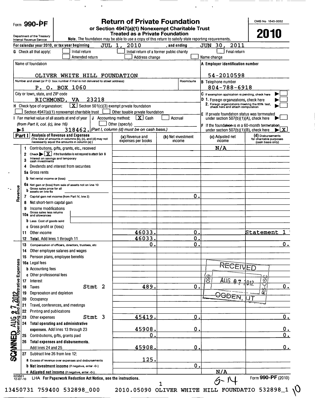 Image of first page of 2010 Form 990PF for The Oliver White Hill Foundation