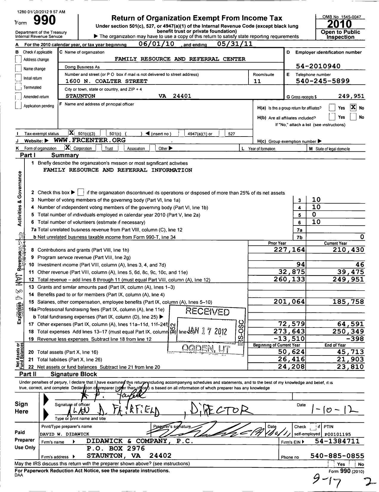 Image of first page of 2010 Form 990 for Family Resource and Referral Center