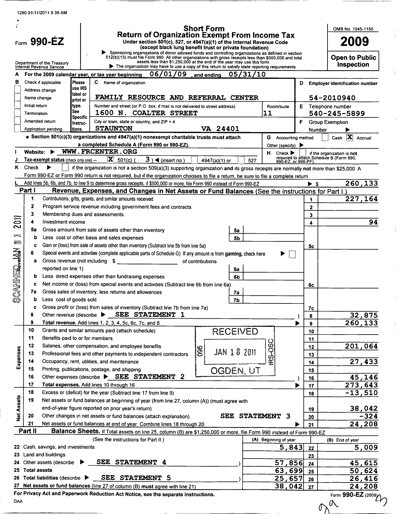 Image of first page of 2009 Form 990EZ for Family Resource and Referral Center