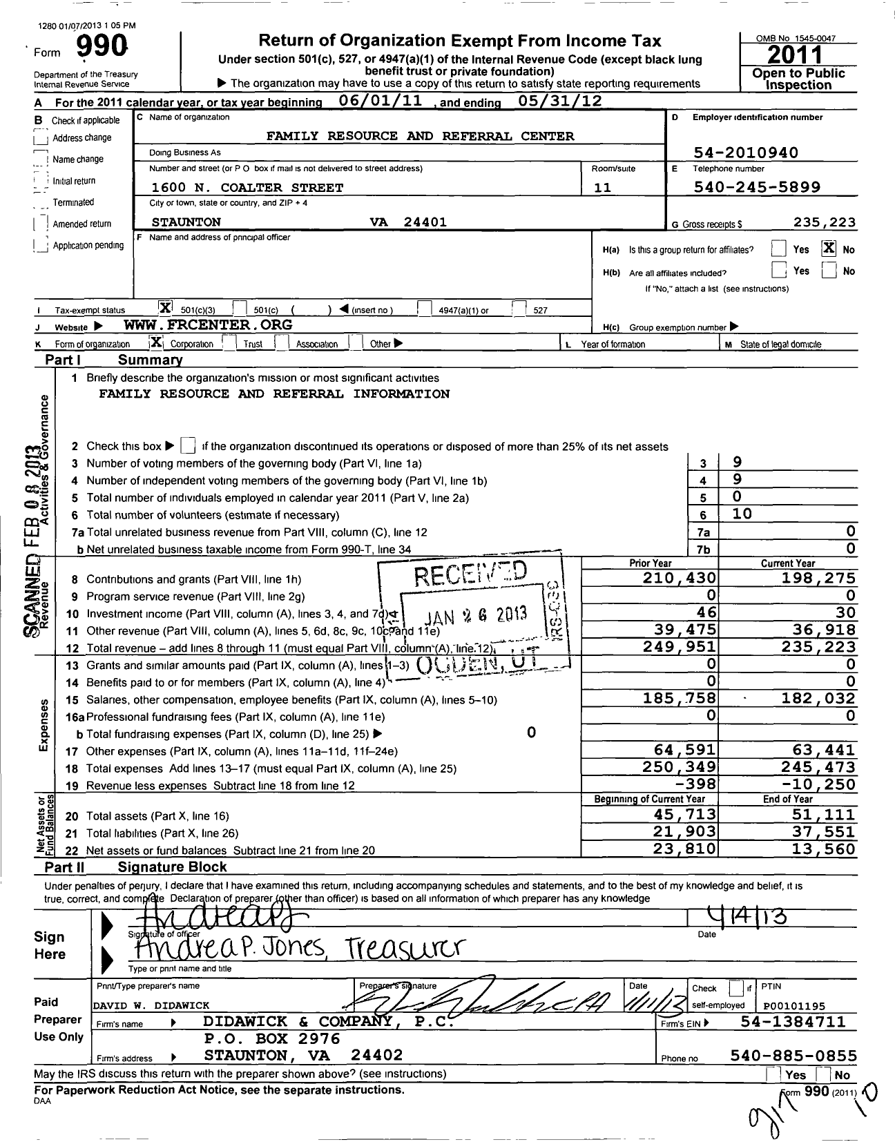 Image of first page of 2011 Form 990 for Family Resource and Referral Center