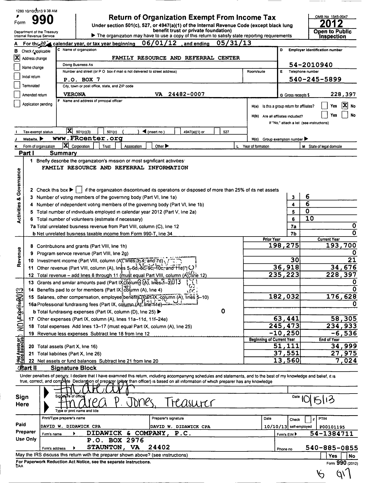 Image of first page of 2012 Form 990 for Family Resource and Referral Center