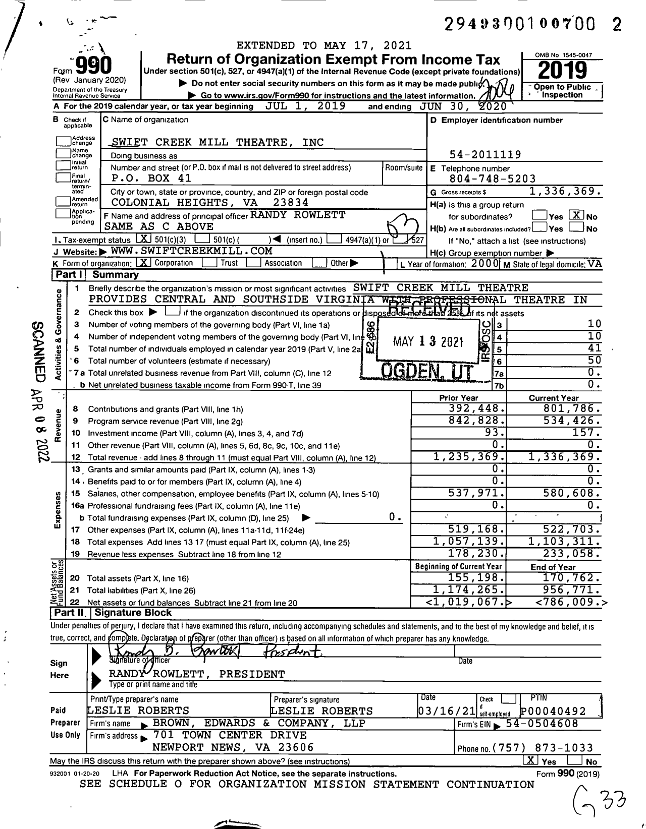 Image of first page of 2019 Form 990 for Swift Creek Mill Theatre